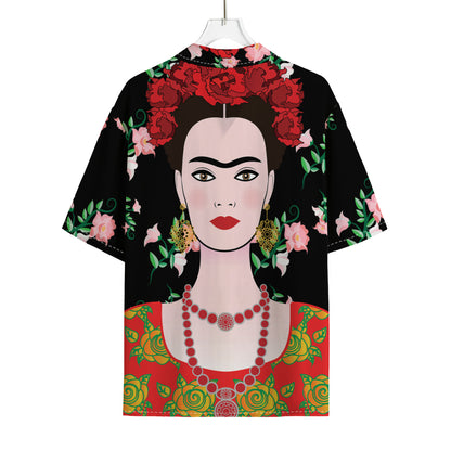 Frida Kahlo And Pink Flower Print Rayon Hawaiian Shirt