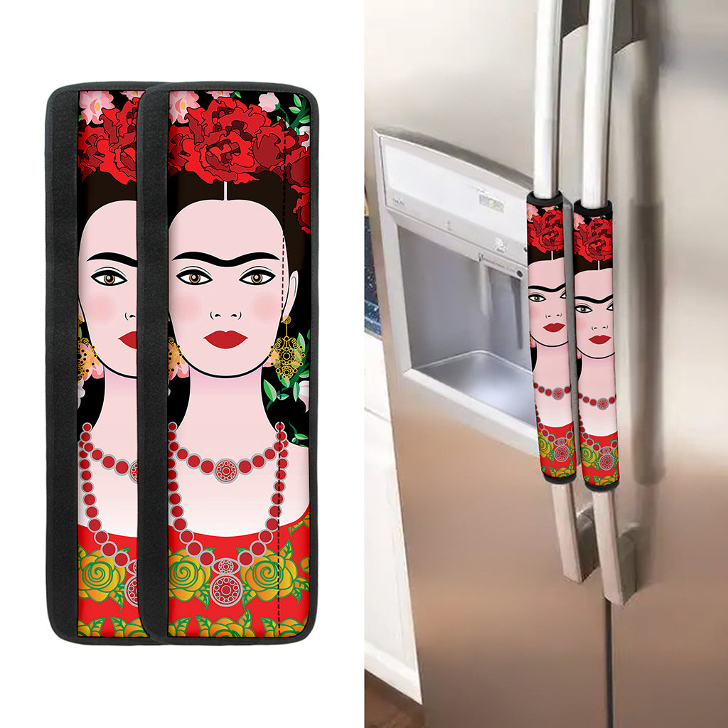 Frida Kahlo And Pink Flower Print Refrigerator Handle Covers