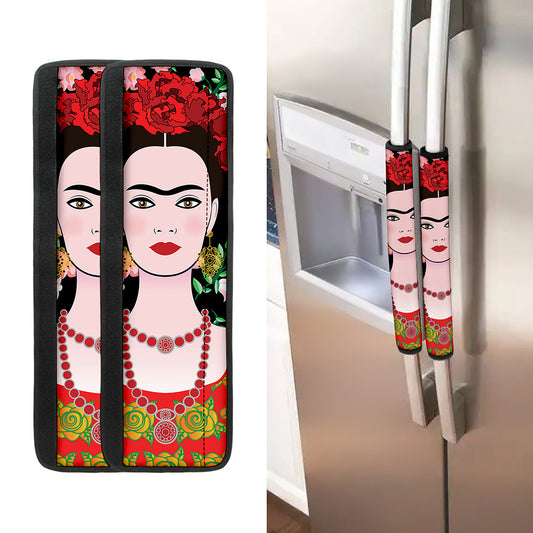 Frida Kahlo And Pink Flower Print Refrigerator Handle Covers