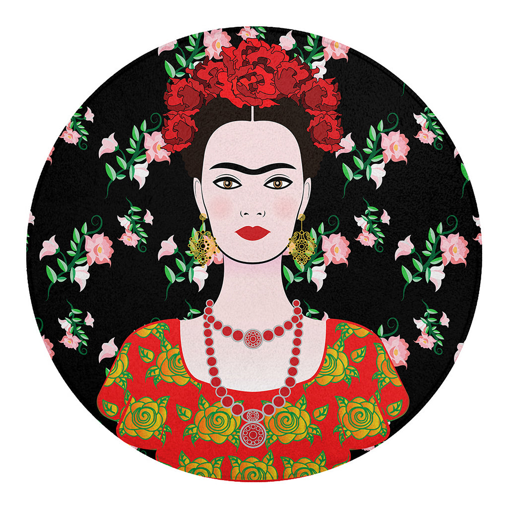Frida Kahlo And Pink Flower Print Round Blanket