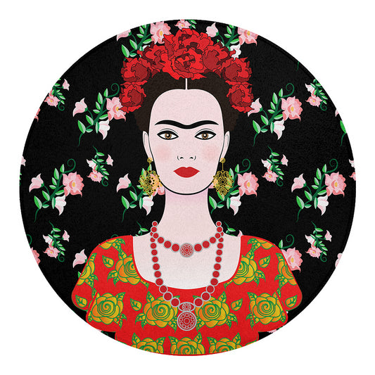 Frida Kahlo And Pink Flower Print Round Blanket