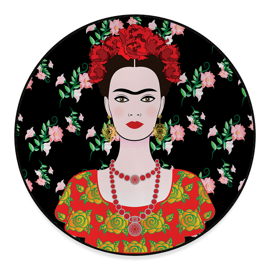 Frida Kahlo And Pink Flower Print Round Floor Mat