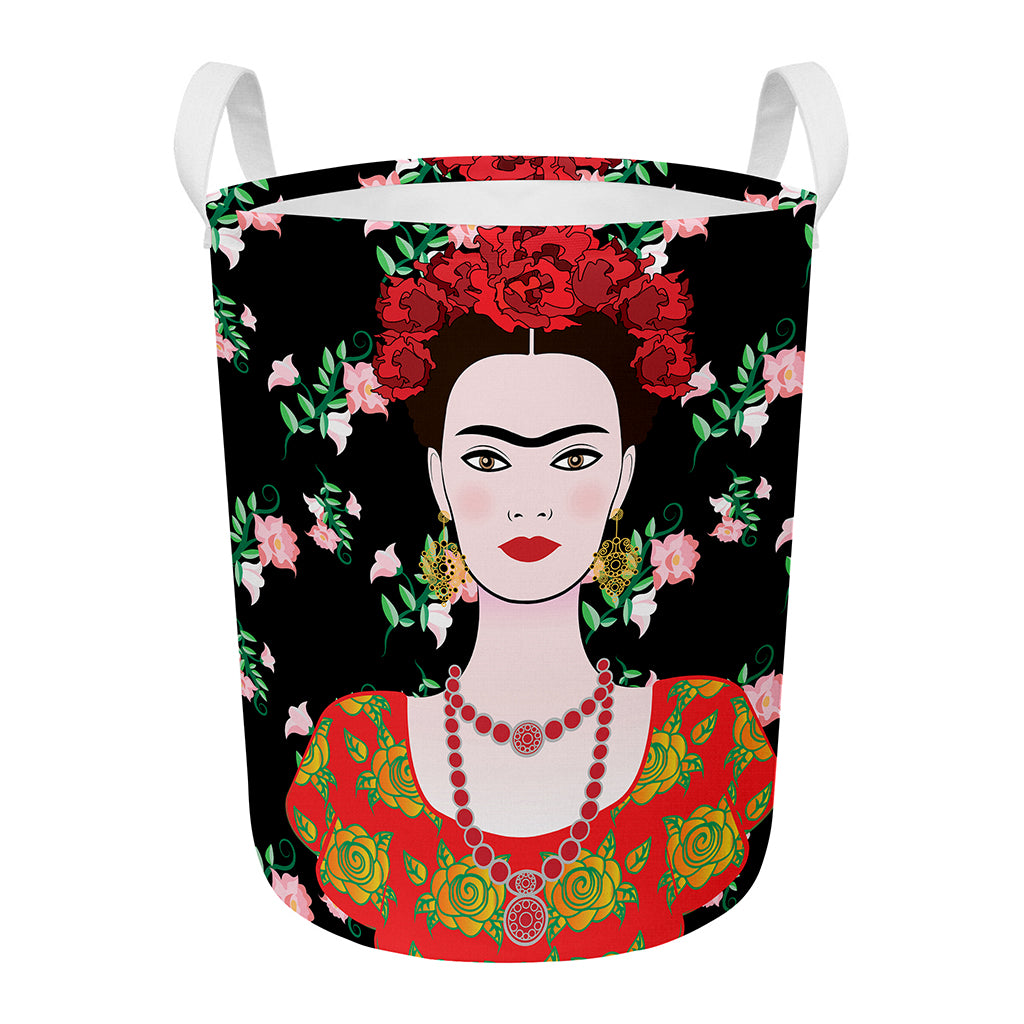Frida Kahlo And Pink Flower Print Round Laundry Basket