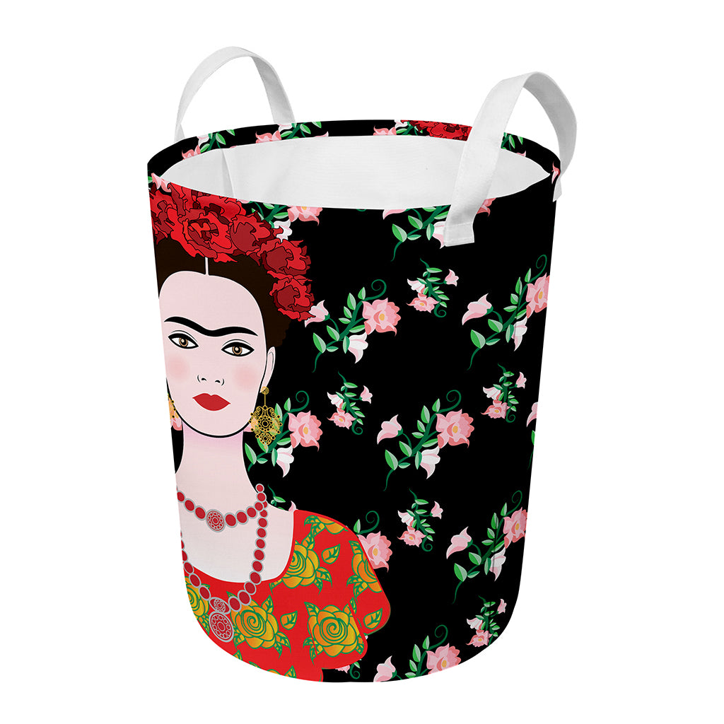 Frida Kahlo And Pink Flower Print Round Laundry Basket
