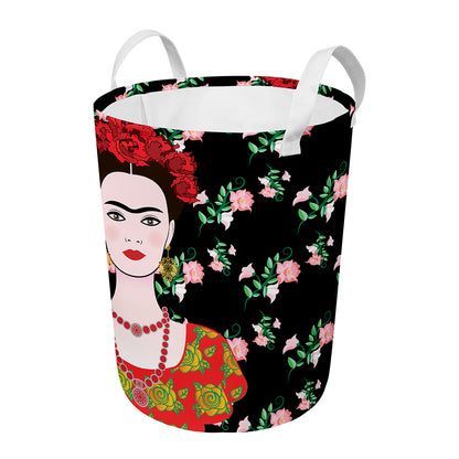 Frida Kahlo And Pink Flower Print Round Laundry Basket