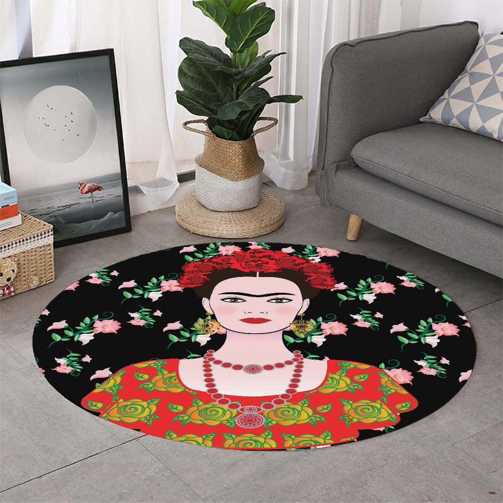 Frida Kahlo And Pink Flower Print Round Rug