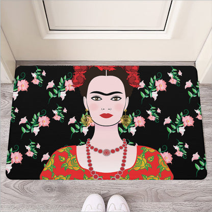 Frida Kahlo And Pink Flower Print Rubber Doormat