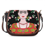 Frida Kahlo And Pink Flower Print Saddle Bag