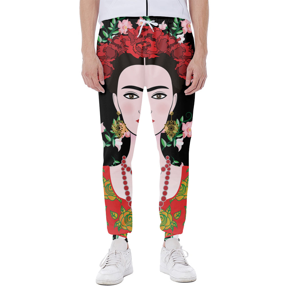Frida Kahlo And Pink Flower Print Scuba Joggers