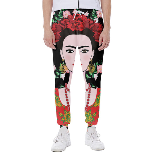Frida Kahlo And Pink Flower Print Scuba Joggers