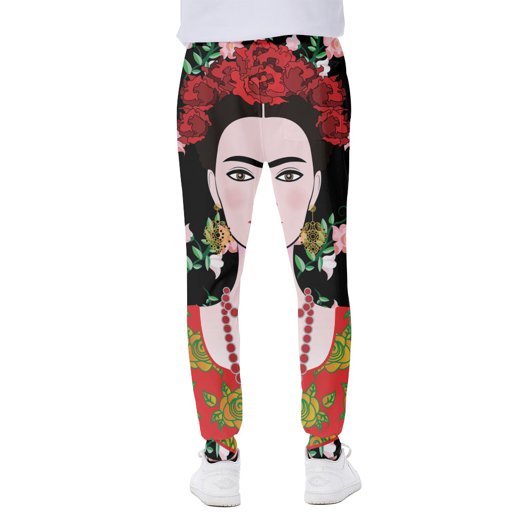 Frida Kahlo And Pink Flower Print Scuba Joggers