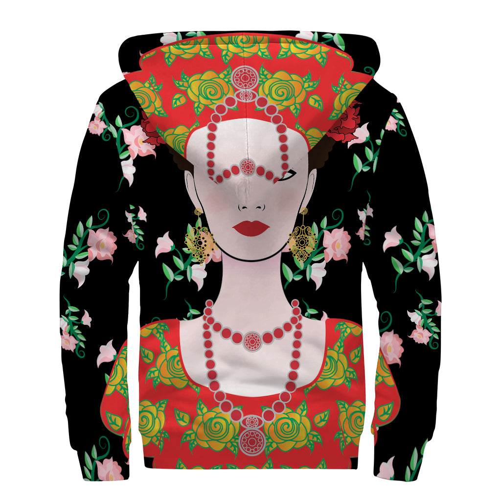 Frida Kahlo And Pink Flower Print Sherpa Lined Zip Up Hoodie