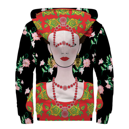 Frida Kahlo And Pink Flower Print Sherpa Lined Zip Up Hoodie
