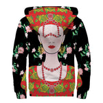 Frida Kahlo And Pink Flower Print Sherpa Lined Zip Up Hoodie
