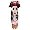 Frida Kahlo And Pink Flower Print Short Sleeve Long Nightdress