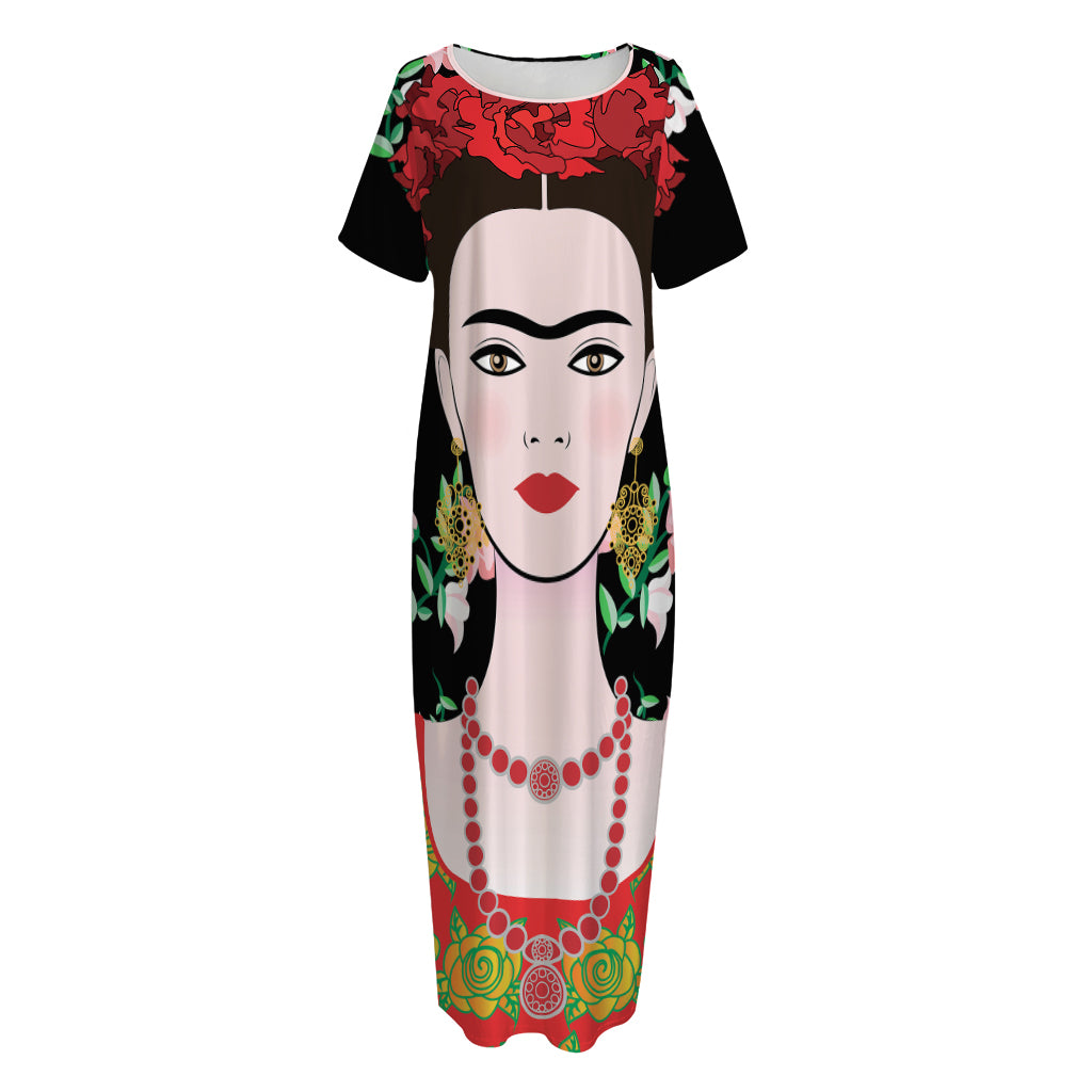 Frida Kahlo And Pink Flower Print Short Sleeve Long Nightdress