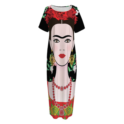 Frida Kahlo And Pink Flower Print Short Sleeve Long Nightdress