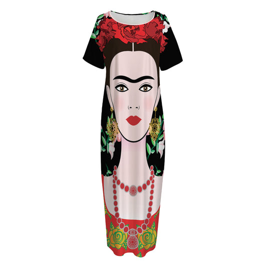 Frida Kahlo And Pink Flower Print Short Sleeve Long Nightdress