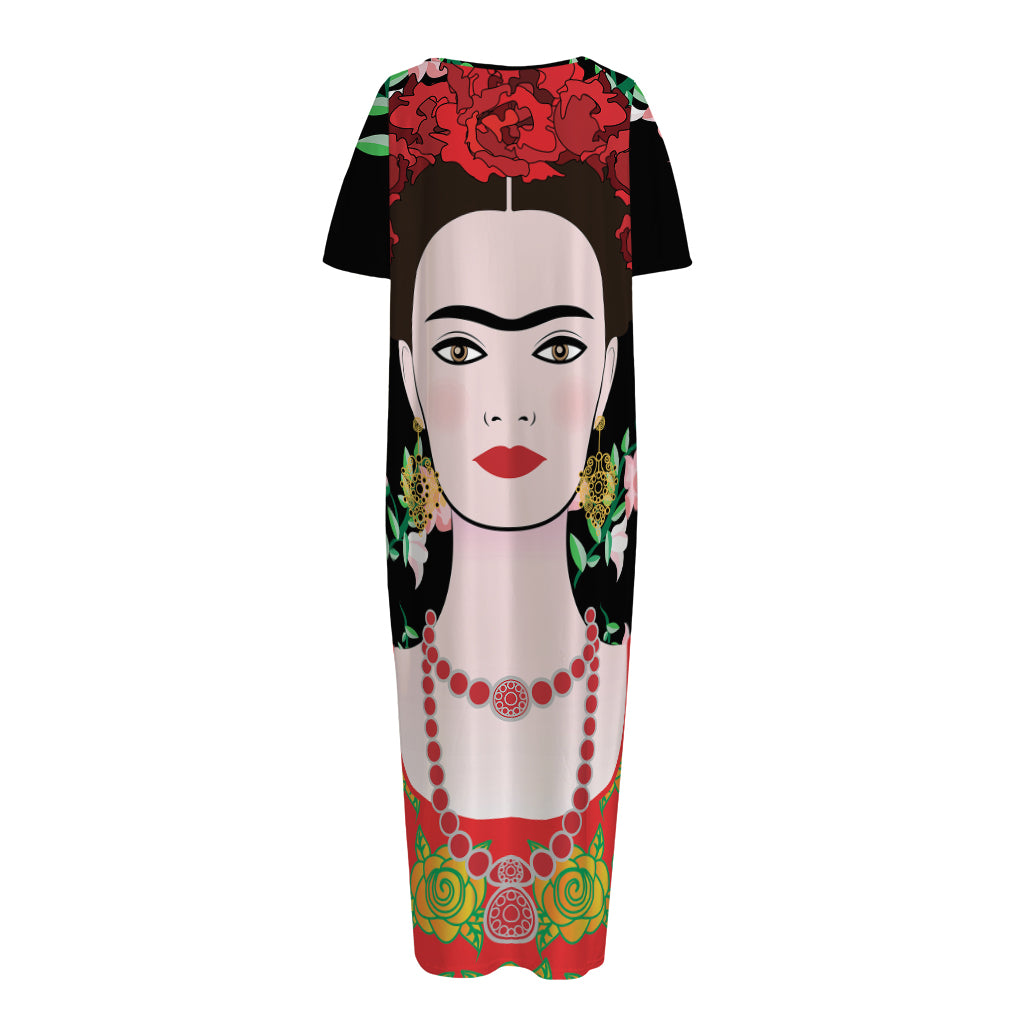 Frida Kahlo And Pink Flower Print Short Sleeve Long Nightdress