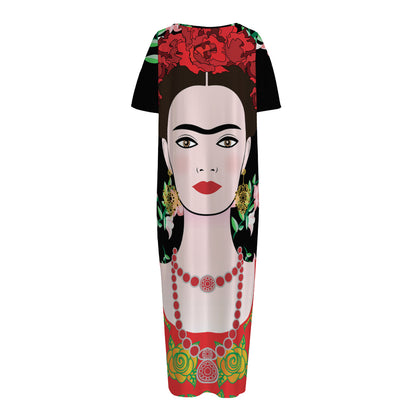 Frida Kahlo And Pink Flower Print Short Sleeve Long Nightdress