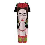 Frida Kahlo And Pink Flower Print Short Sleeve Long Nightdress