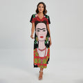 Frida Kahlo And Pink Flower Print Short Sleeve Maxi Dress