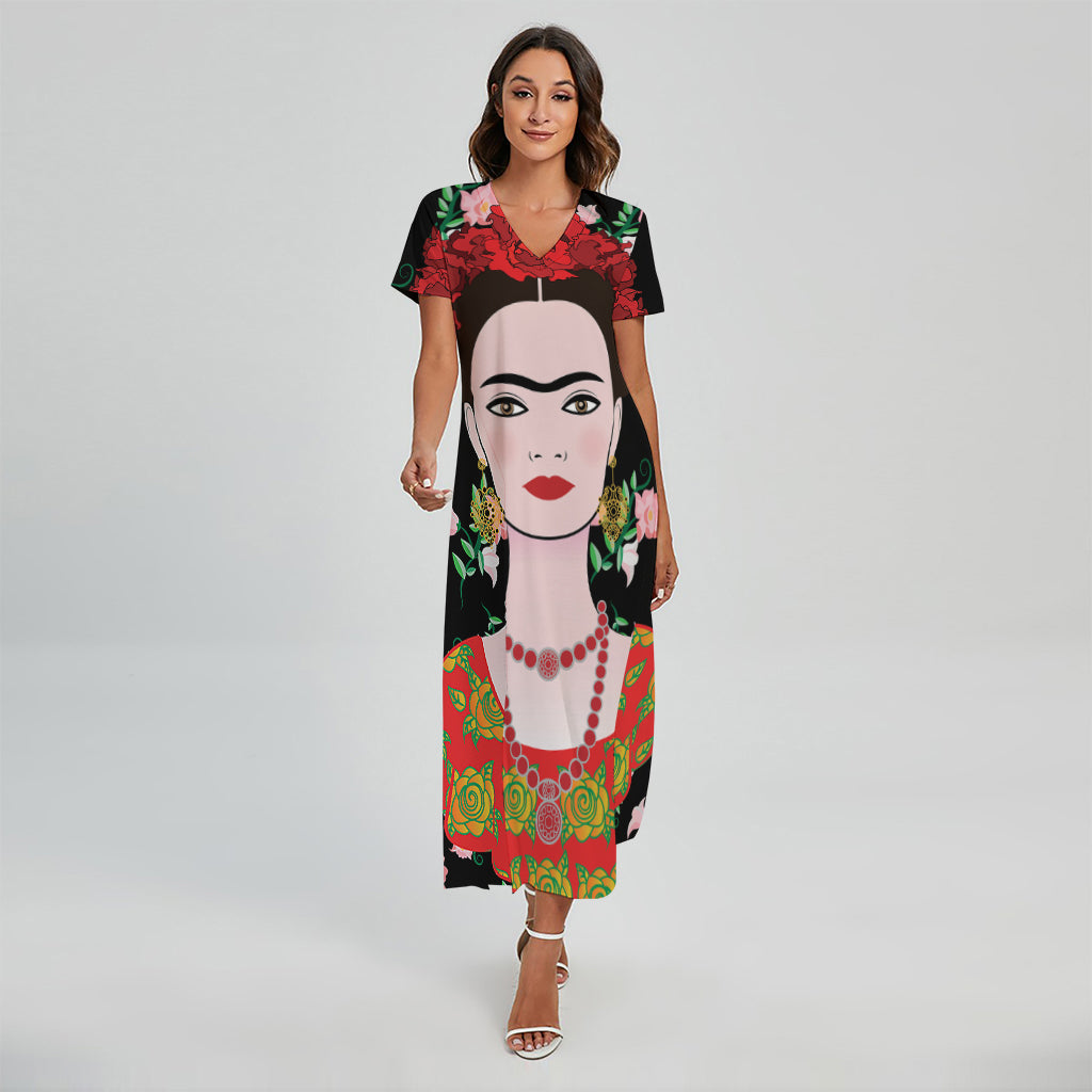 Frida Kahlo And Pink Flower Print Short Sleeve Maxi Dress
