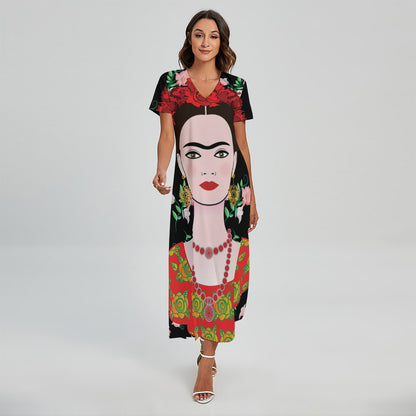 Frida Kahlo And Pink Flower Print Short Sleeve Maxi Dress