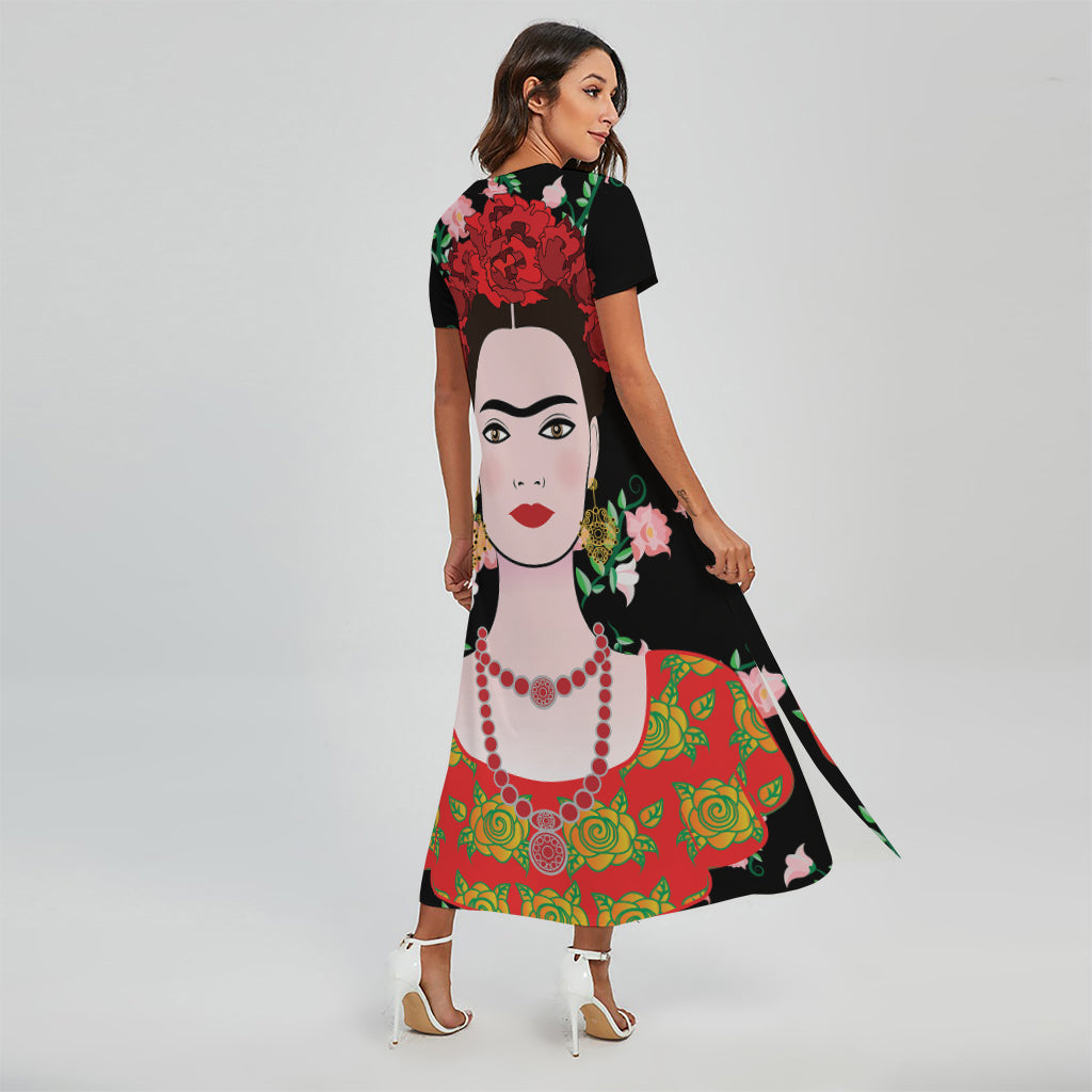 Frida Kahlo And Pink Flower Print Short Sleeve Maxi Dress