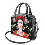 Frida Kahlo And Pink Flower Print Shoulder Handbag