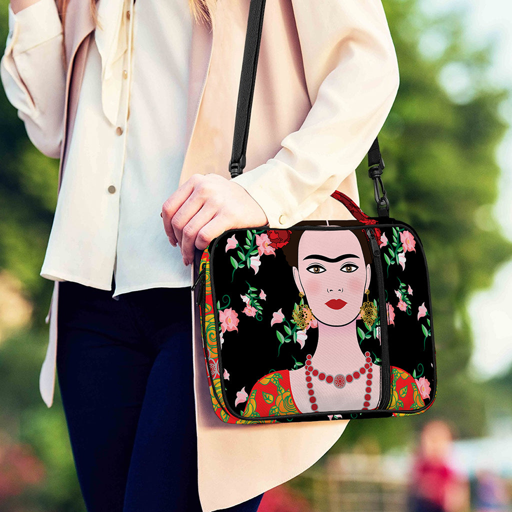 Frida Kahlo And Pink Flower Print Shoulder Strap Bible Bag