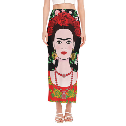Frida Kahlo And Pink Flower Print Side Slit Maxi Skirt
