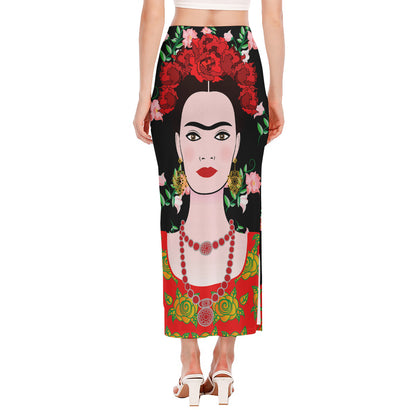 Frida Kahlo And Pink Flower Print Side Slit Maxi Skirt