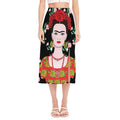 Frida Kahlo And Pink Flower Print Side Slit Midi Skirt