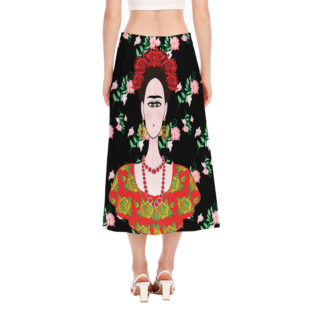Frida Kahlo And Pink Flower Print Side Slit Midi Skirt