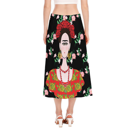 Frida Kahlo And Pink Flower Print Side Slit Midi Skirt