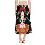 Frida Kahlo And Pink Flower Print Side Slit Midi Skirt