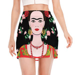 Frida Kahlo And Pink Flower Print Side Slit Mini Skirt