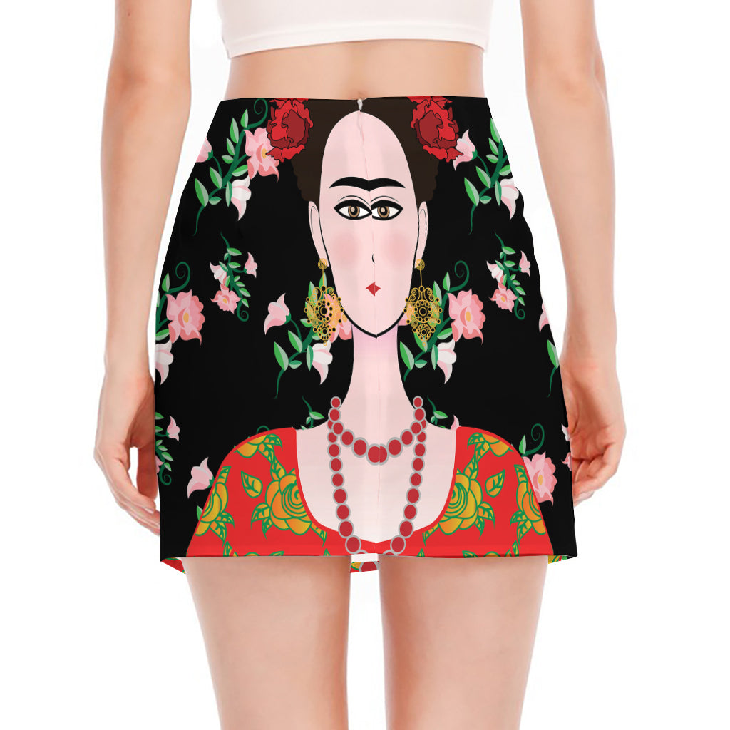 Frida Kahlo And Pink Flower Print Side Slit Mini Skirt