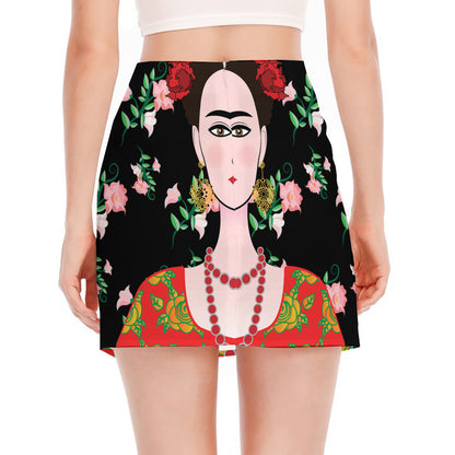 Frida Kahlo And Pink Flower Print Side Slit Mini Skirt