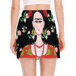 Frida Kahlo And Pink Flower Print Side Slit Mini Skirt
