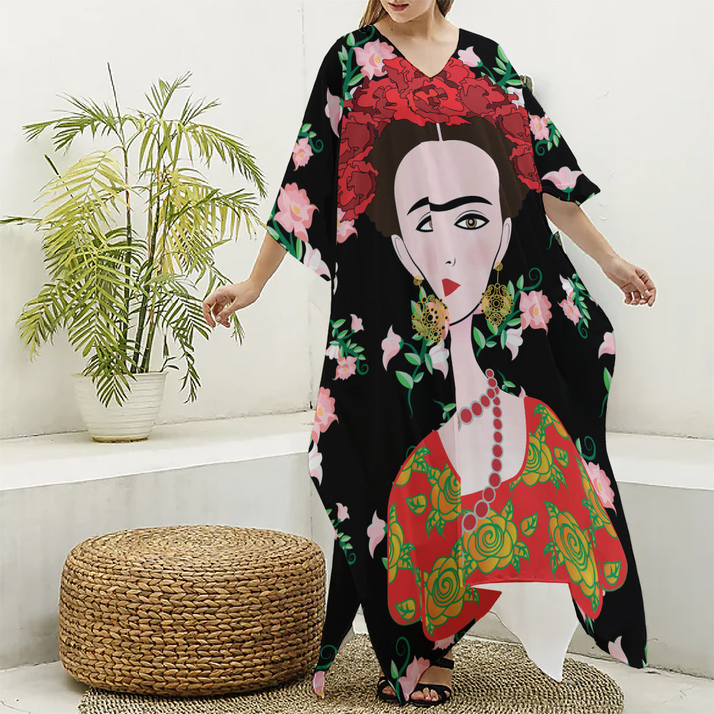 Frida Kahlo And Pink Flower Print Silk V-Neck Kaftan Dress