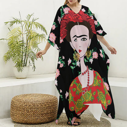Frida Kahlo And Pink Flower Print Silk V-Neck Kaftan Dress