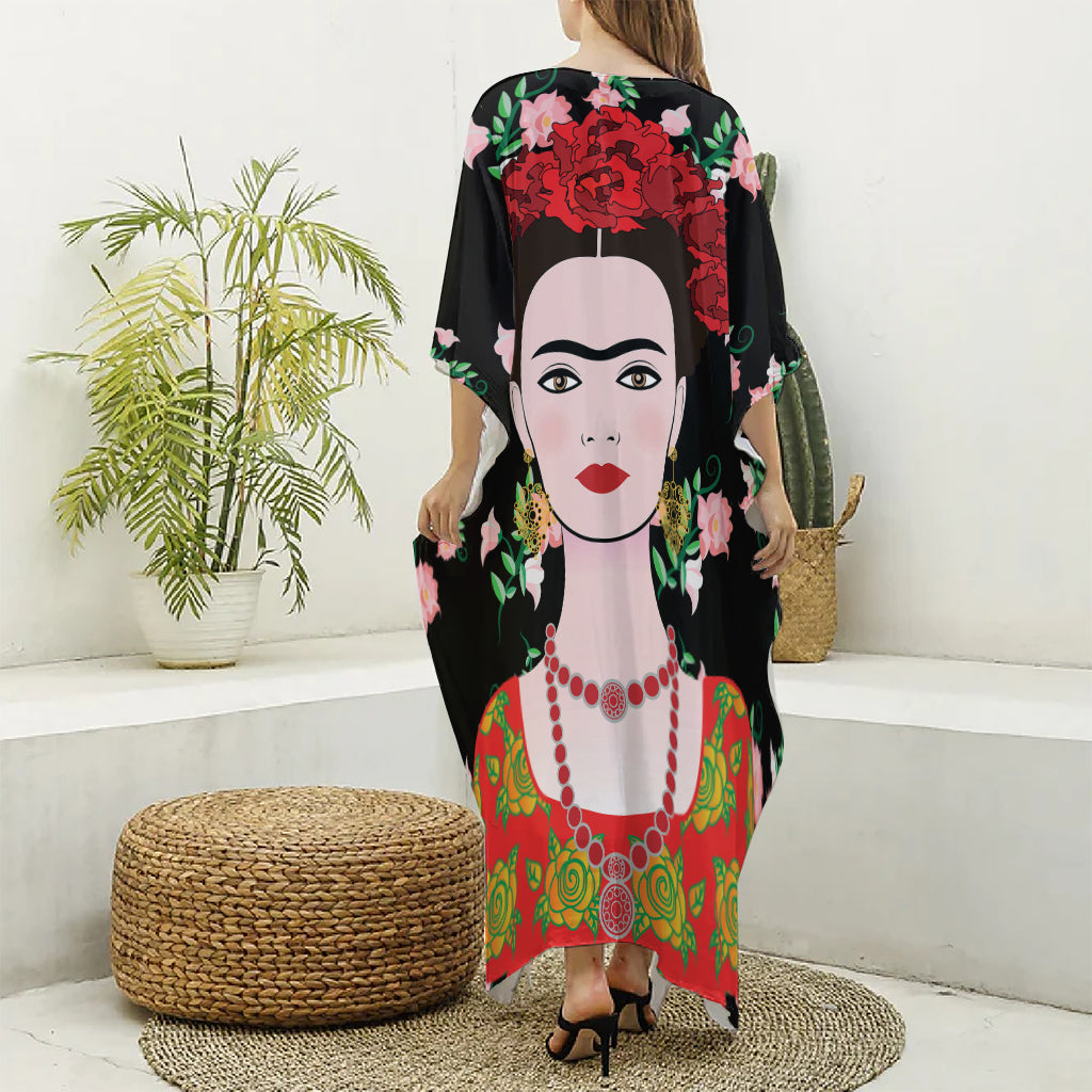 Frida Kahlo And Pink Flower Print Silk V-Neck Kaftan Dress