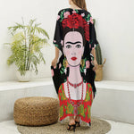Frida Kahlo And Pink Flower Print Silk V-Neck Kaftan Dress