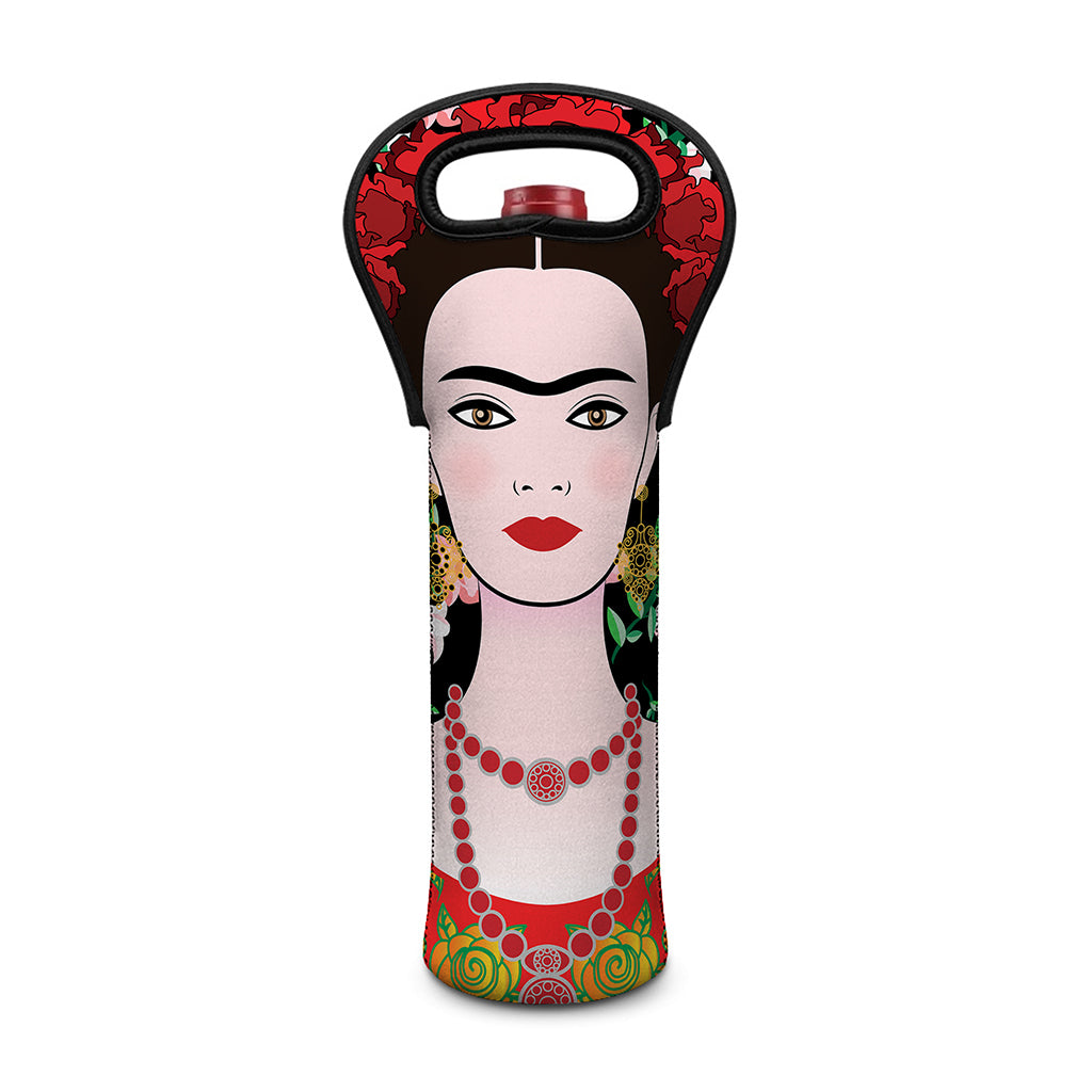 Frida Kahlo And Pink Flower Print Single Neoprene Wine Tote