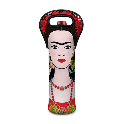 Frida Kahlo And Pink Flower Print Single Neoprene Wine Tote