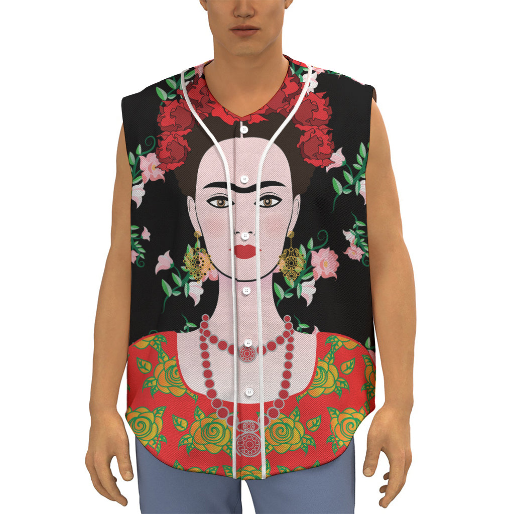 Frida Kahlo And Pink Flower Print Sleeveless Baseball Jersey