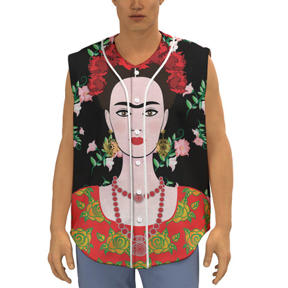 Frida Kahlo And Pink Flower Print Sleeveless Baseball Jersey