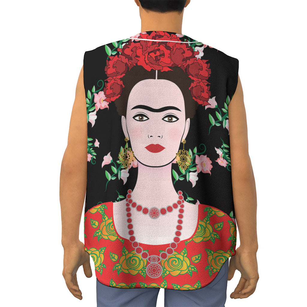 Frida Kahlo And Pink Flower Print Sleeveless Baseball Jersey